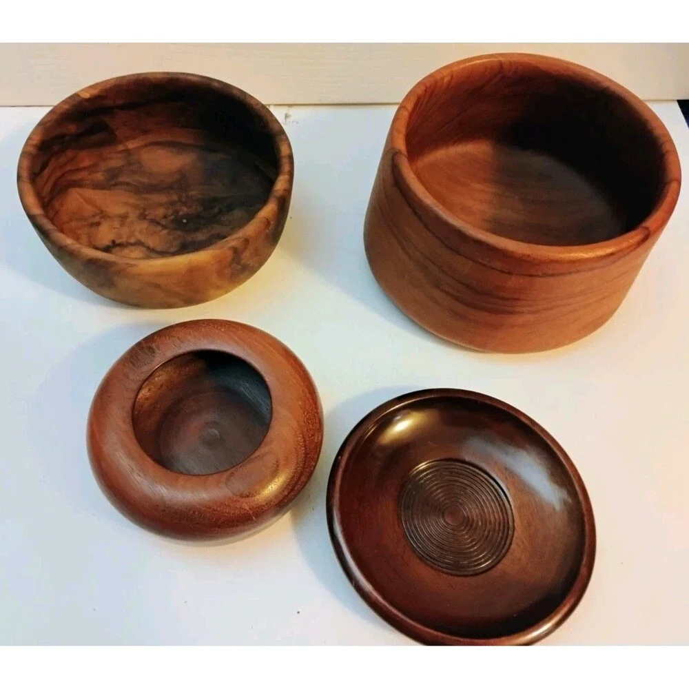 Vtg Mid Century Hand Turned Wooden Bowl Lot Myrtlewood Walnut Dishes 4Pc as-is
